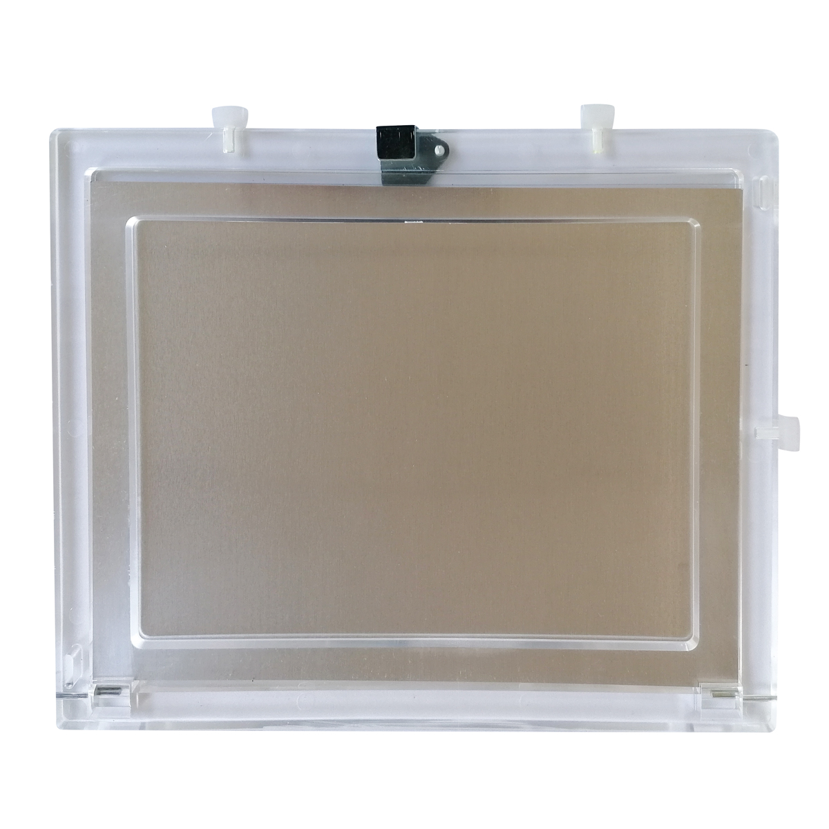 Transparenter Klarsicht-Feldbuchrahmen DIN A4 mit Aluminium-Schreibplatte und Verschluss.