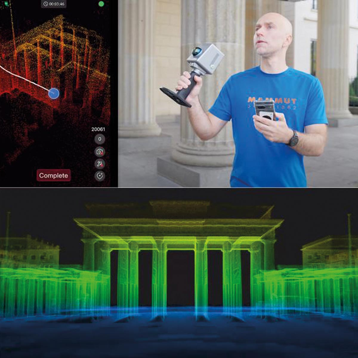 Ein Anwender nutzt den FJD Trion P1 LiDAR-Scanner zur Erstellung einer 3D-Punktwolke (z.B. des Brandenburger Tors).