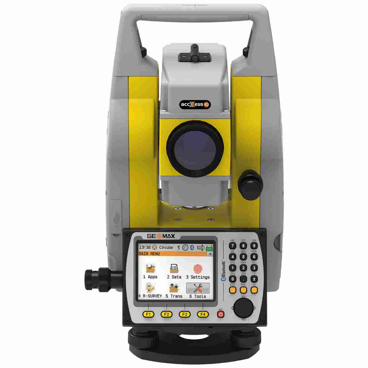 GeoMax Totalstation Zoom50 accXess mit Farbdisplay, Tastatur und Dreifuß, Frontansicht.