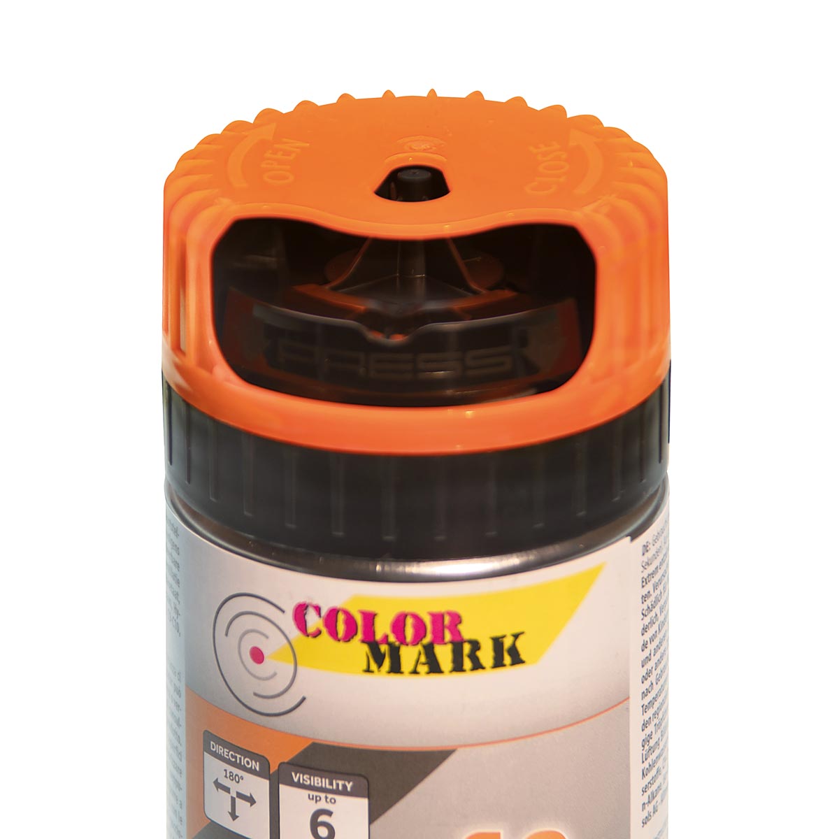 Nahaufnahme des leuchtorangen Twist-Cap-Sprühkopfs der Colormark Spraytool Dose.