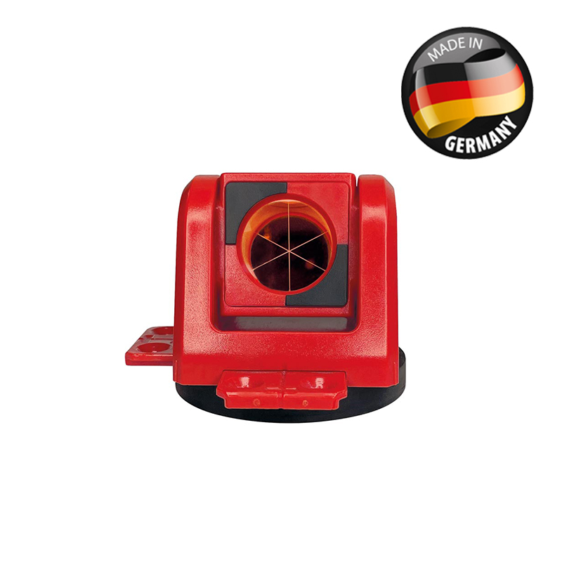 Nahaufnahme des roten Rothbucher RSMP380 Gleismonitoring-Prismas mit Zielkreuz und "Made in Germany" Siegel.