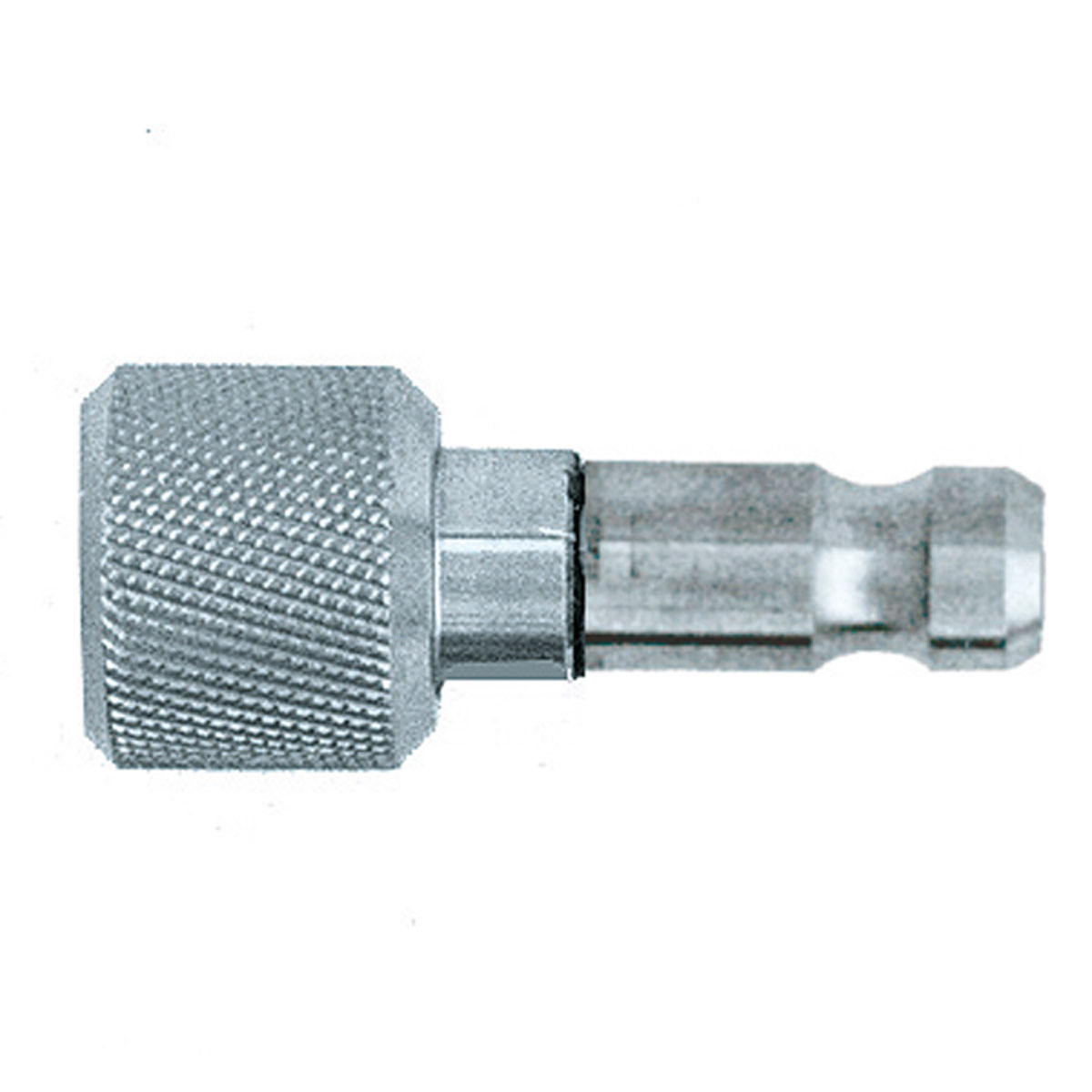 Leica Adapter aus Edelstahl mit gerändelter Mutter, 3/8" Gewinde und Steckzapfen für Konvergenzbolzen.