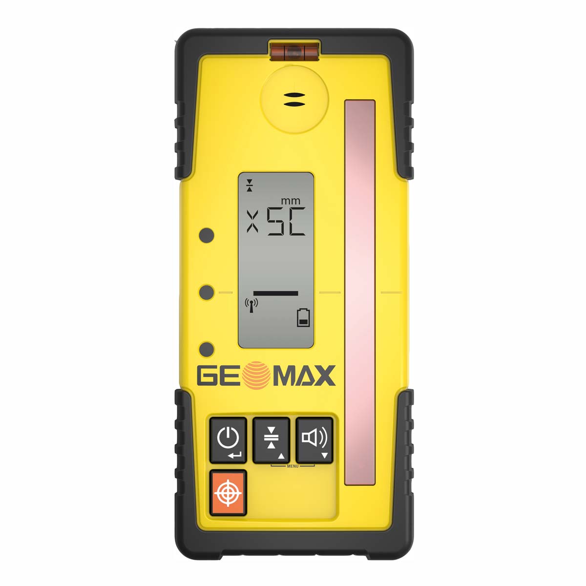 Gelber GeoMax Handempfänger ZRD105B mit Display, Empfangsfenster und Bedientasten, Frontansicht.