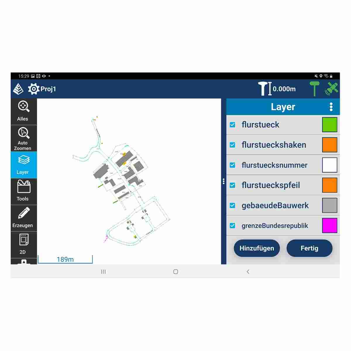 Importierte CAD-Dateien und Layer-Auswahl in der Android-Vermessungssoftware Carlson Layout.