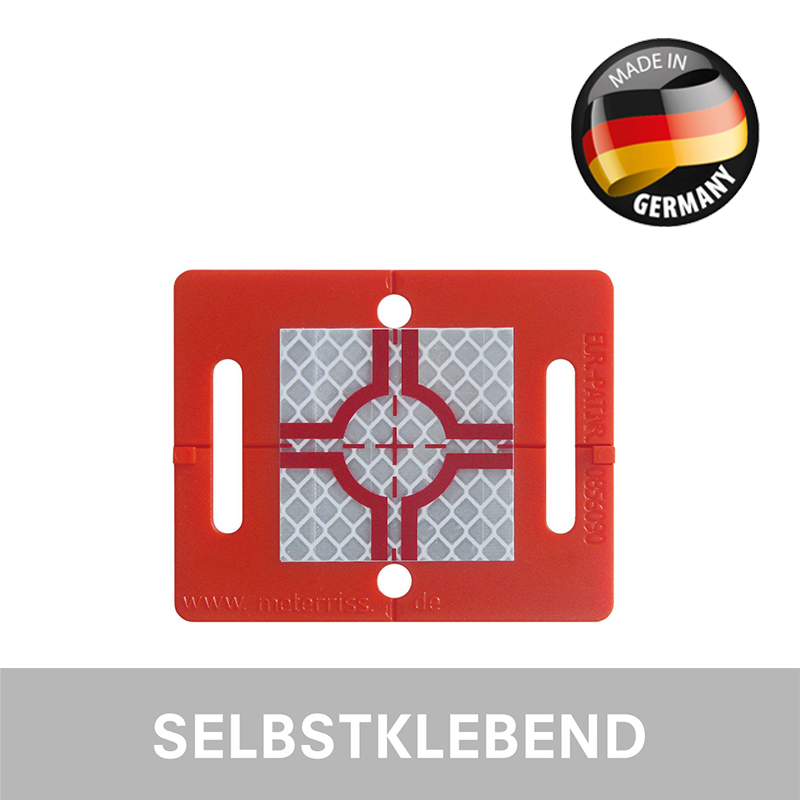 Rote Vermessungsplakette RS51 von Rothbucher Systeme, selbstklebend, mit großer Reflexzielmarke.