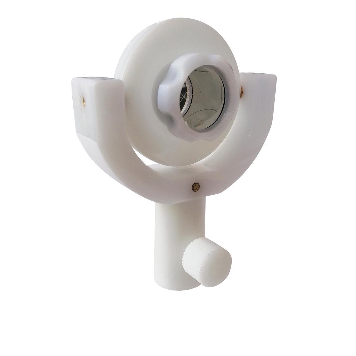 Das weiße Monitoring Prisma (Ø 25 mm) mit U-Halterung und silberbeschichtetem Reflektor für hochpräzise Messungen.