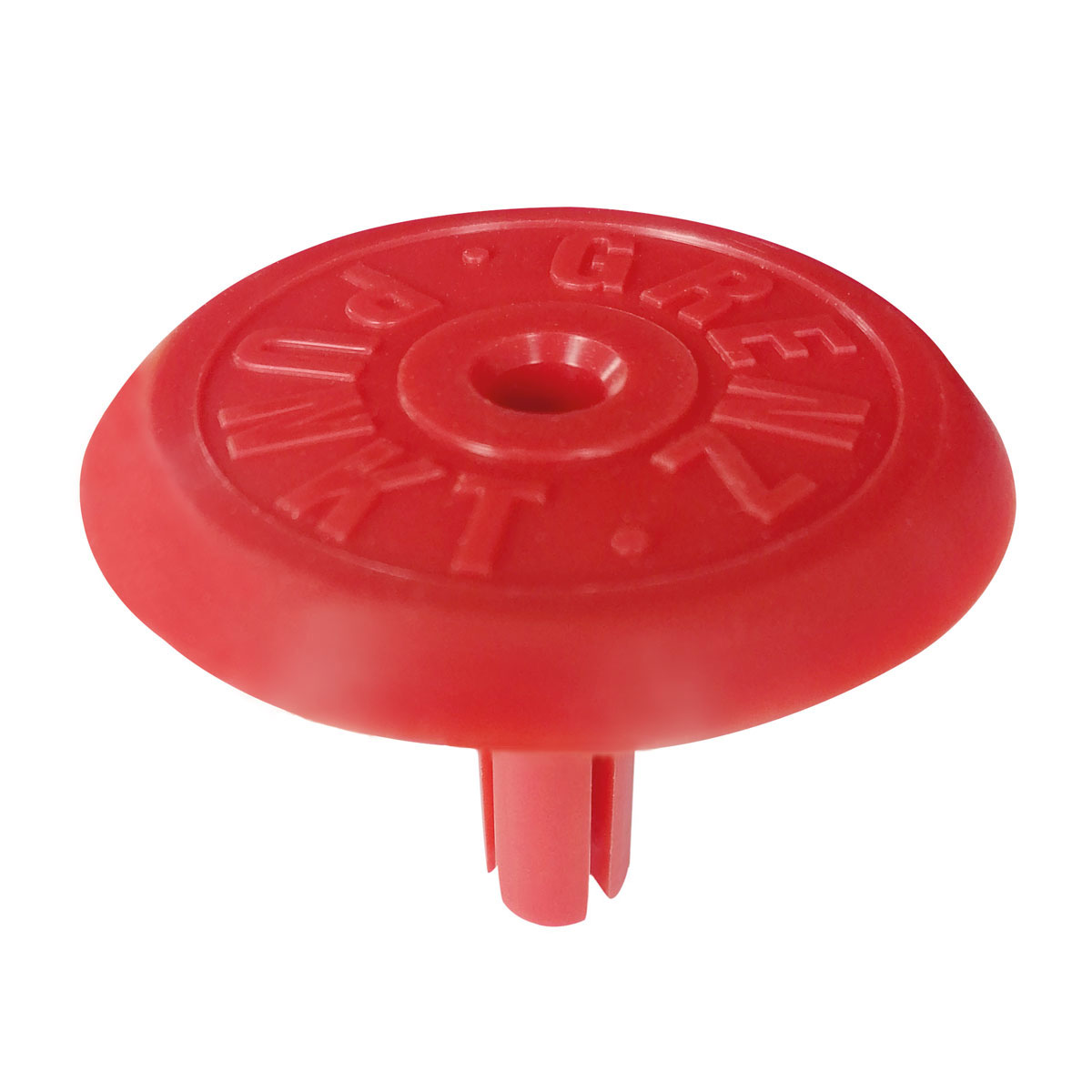 Rote Polyamid Abschlussplatte Ø 90 mm für 1/2" Eisenrohre mit der Aufschrift Grenzpunkt.