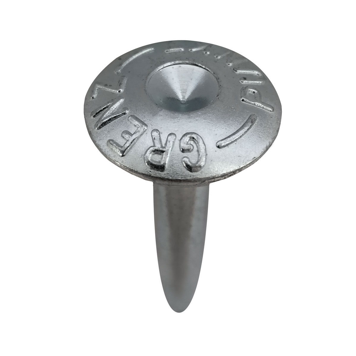 Verzinkter Superkopfbolzen 55 mm mit eingeprägter Aufschrift Grenzpunkt und zentraler Körnung im Kopf.