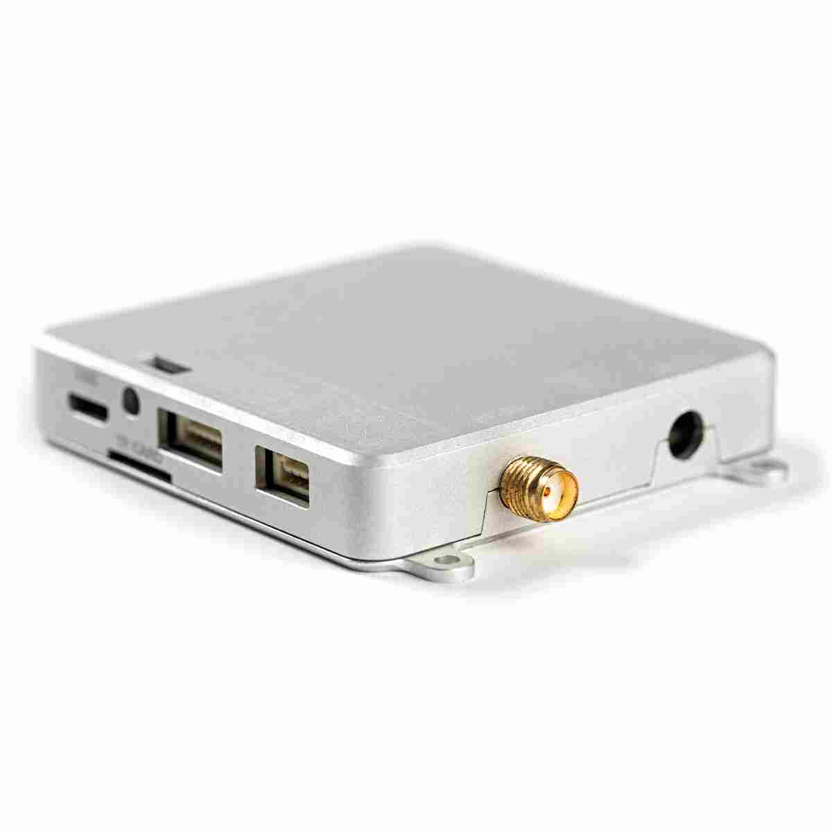 Silbernes Septentrio mosaic-go Gehäuse mit SMA-Antennenbuchse, USB und Steckverbindern.