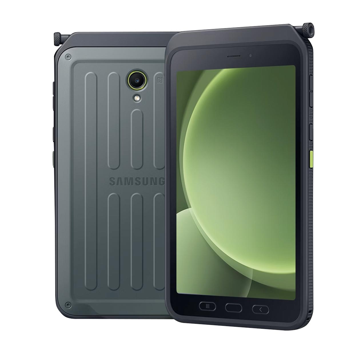 Samsung Galaxy Tab Active 5 Rugged Tablet in Grau-Grün, Vorder- und Rückseite.