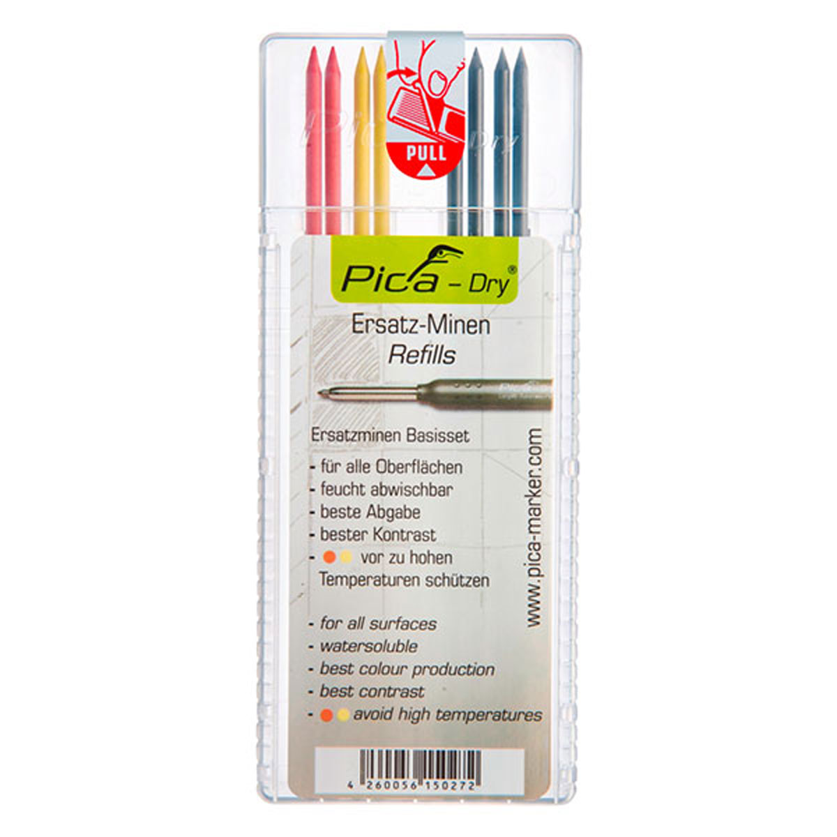 Pica Dry Ersatzminen-Etui mit Minen in Rot, Gelb und Graphit, wasserlöslich.
