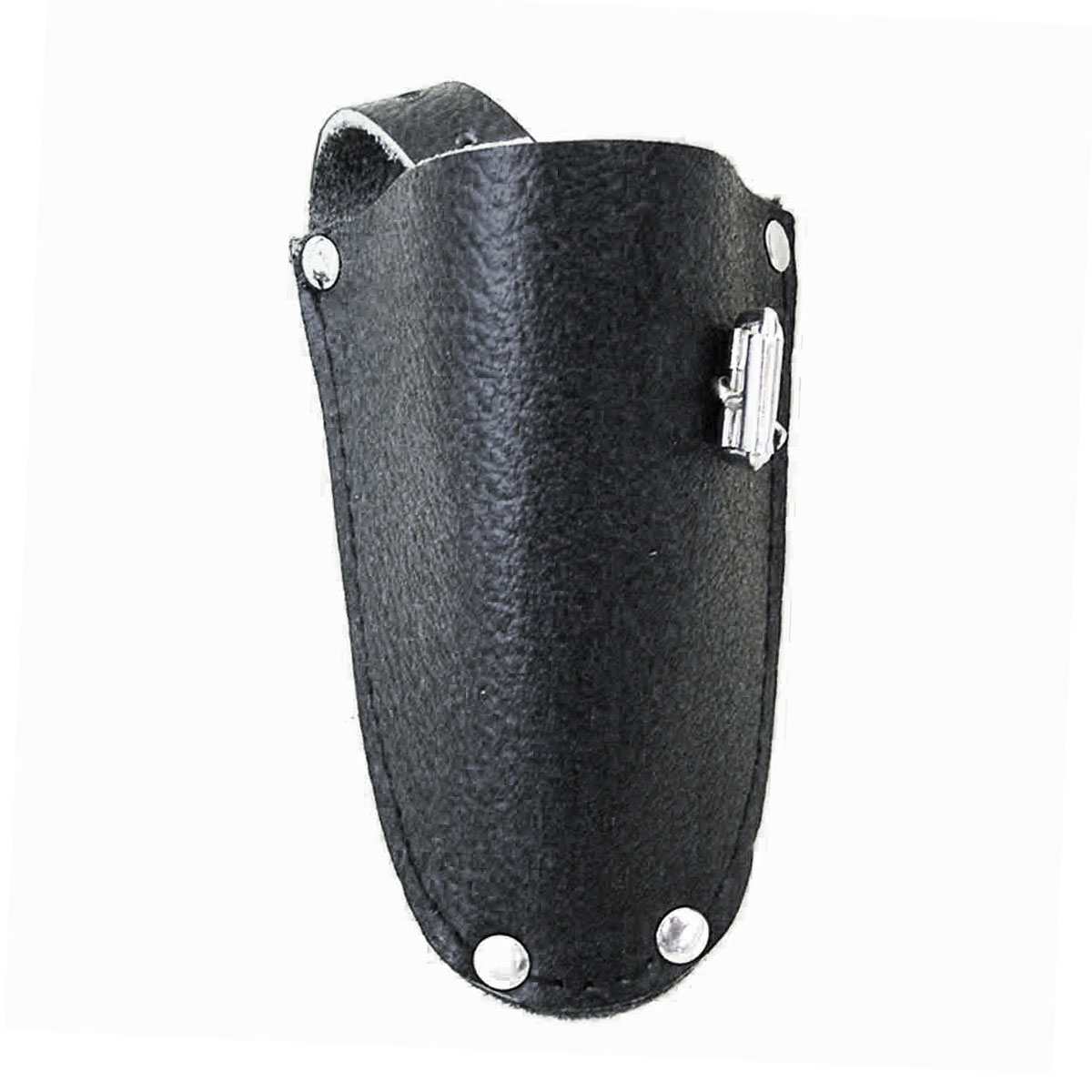 Schwarze Lottasche aus Leder mit Nieten und Metallclip für den Gürtel.