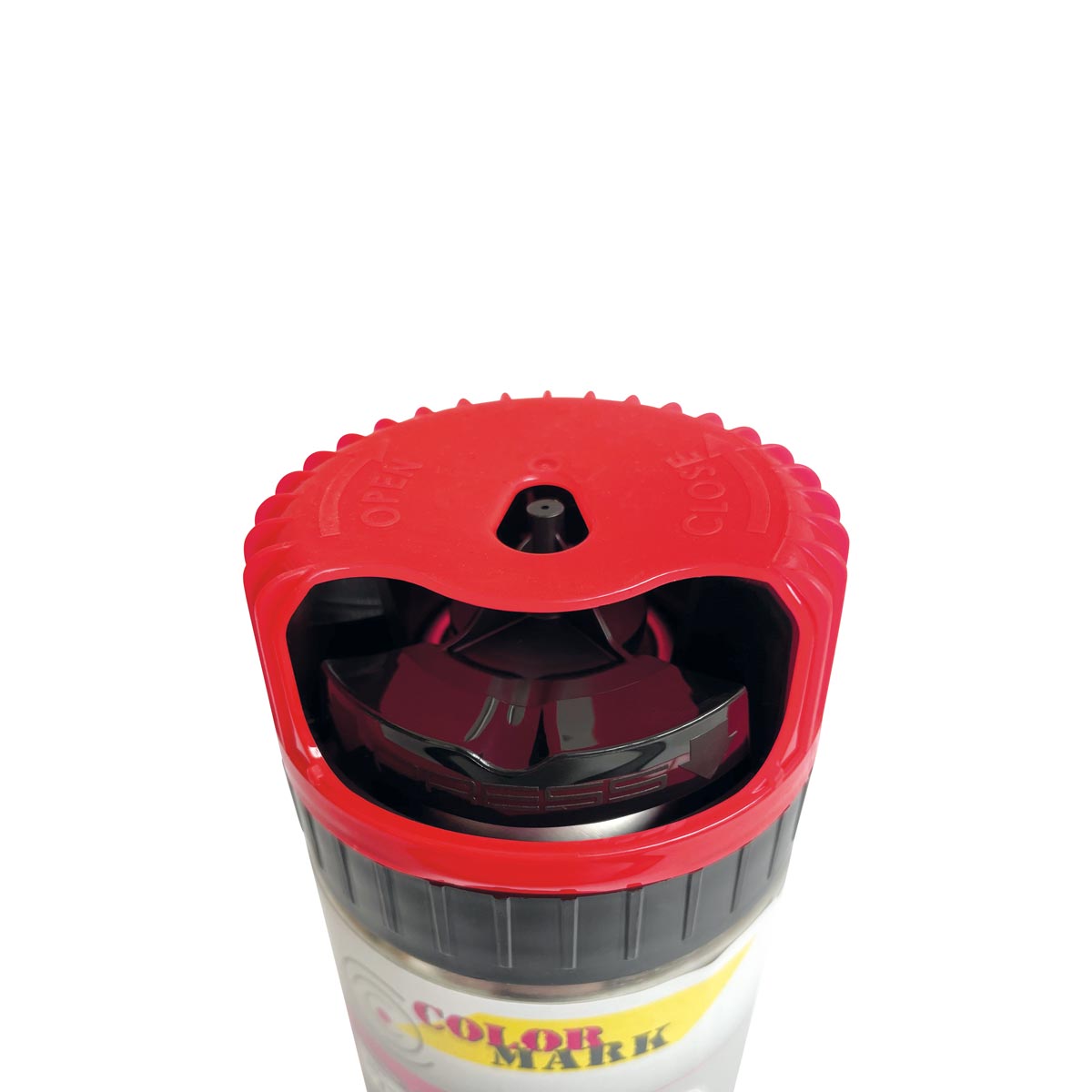 Draufsicht auf den leuchtroten Twist-Cap-Sprühkopf des Colormark Spotmarker FLUO.
