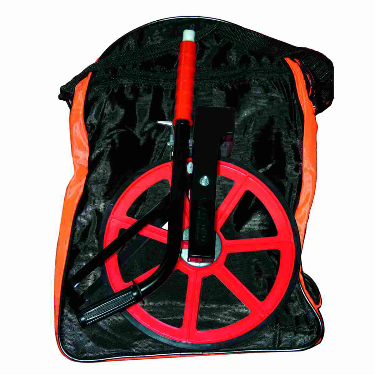 Zusammengeklappter Rolltacho M10 vor der schwarz-orangen Nylon-Tragetasche.