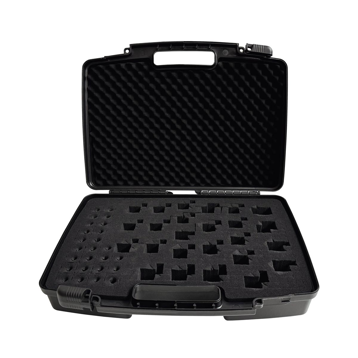 Offener Spezialkoffer von proNIVO, der Platz für bis zu 25 Monitoringprismen bietet