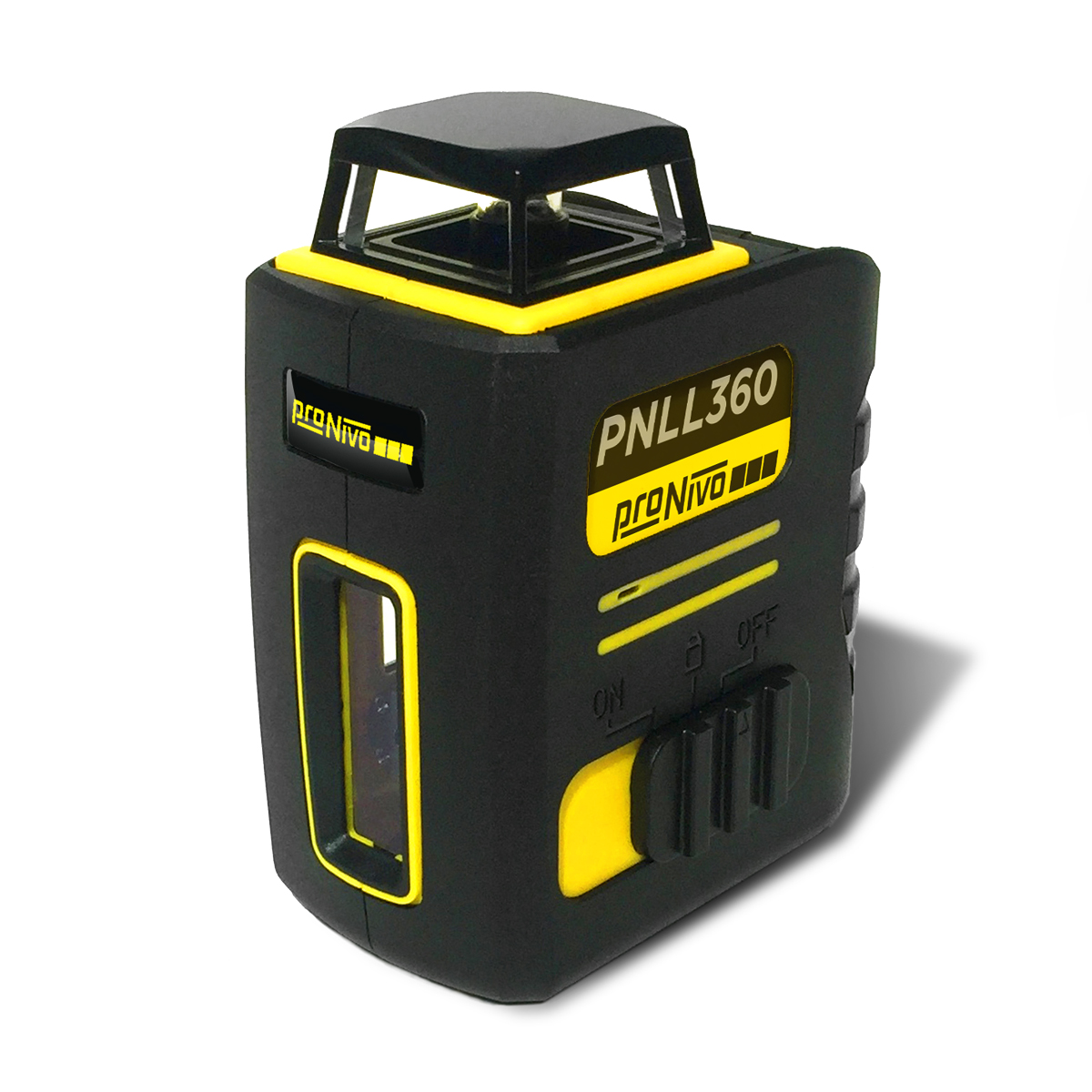 Schwarz-gelber proNIVO Linienlaser PNLL360 mit Schiebeschalter ON, Lock und OFF.