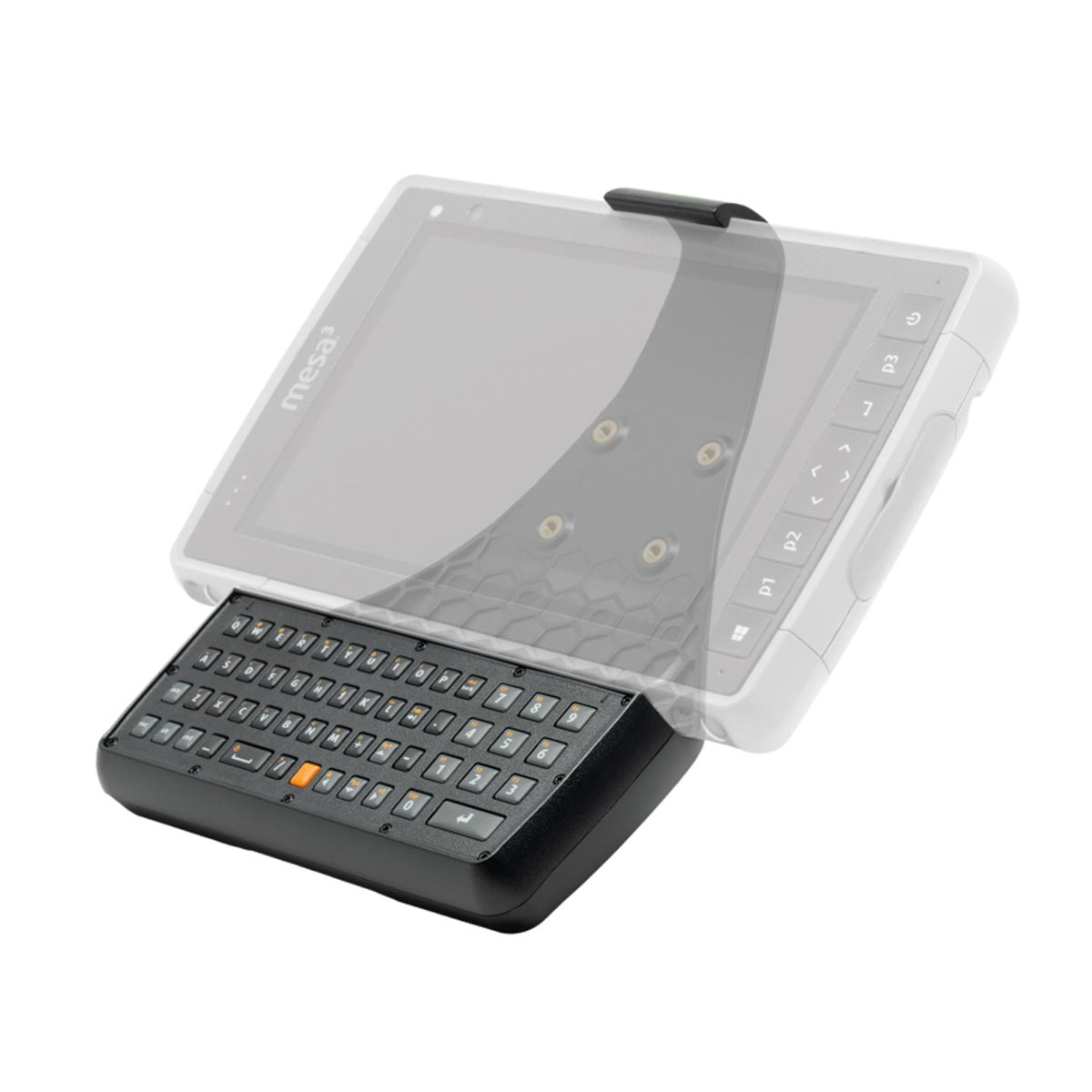 Externe Tastatur mit QWERTZ- und Ziffernblock unter einem transparent dargestellten Mesa 3 Tablet.