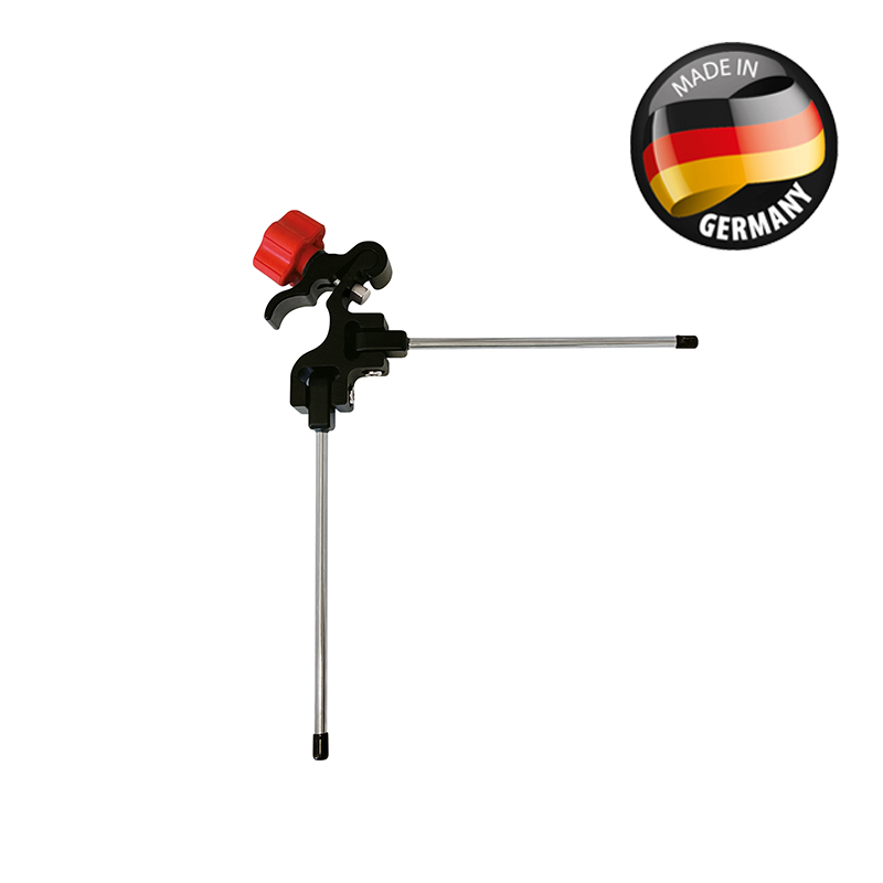 Mini-Zweibeinstrebe von Nestle mit roter Klemmschraube und zwei verchromten Stützbeinen, Made in Germany.