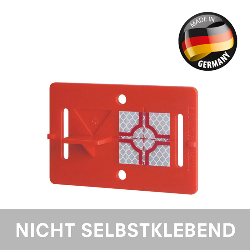 Rote BIM Vermessungs-Plakette RS30, nicht selbstklebend, mit Höhenmarke und reflektierender Zielmarke 30 x 30 mm.