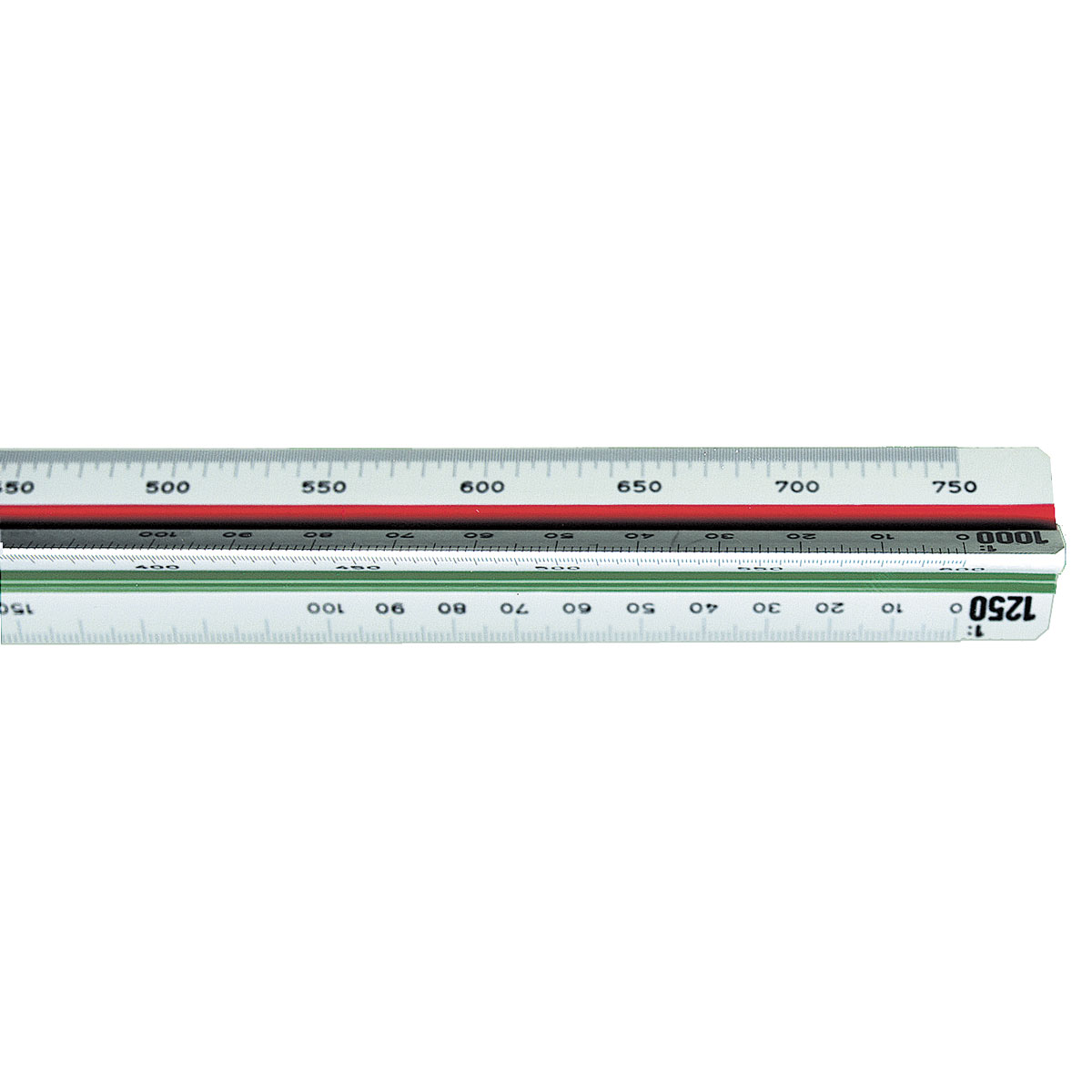 Präzisions-Dreikant-Maßstab mit farbigen Skalen für 1:1000 und 1:1250.