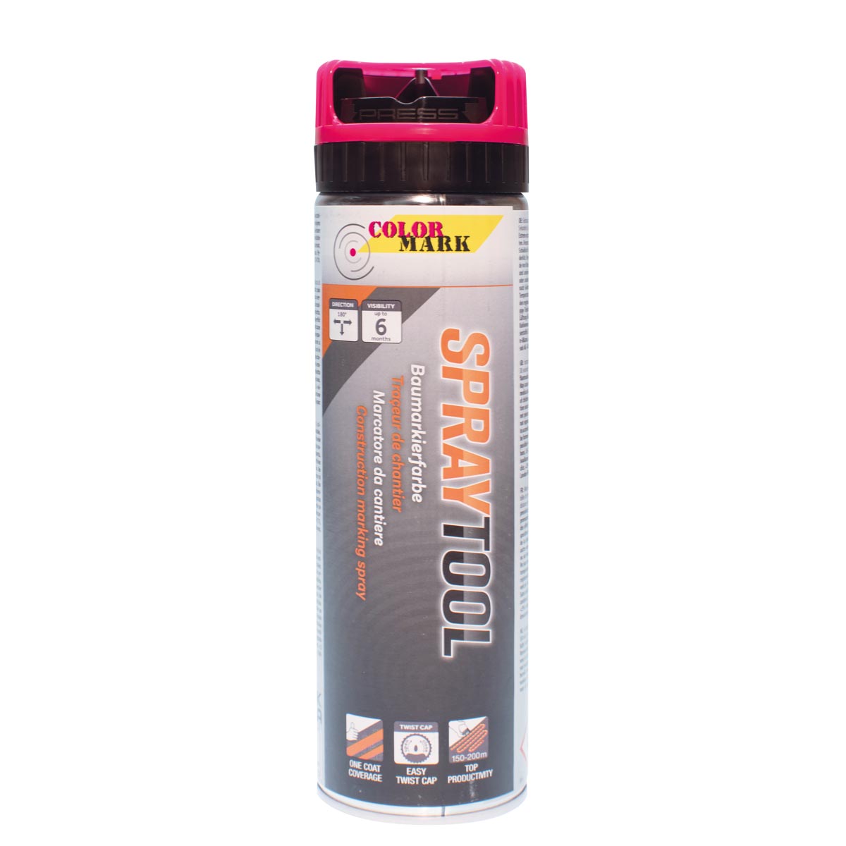 Colormark Spraytool Baumarkierfarbe 500 ml mit leuchtpinkem Twist-Cap und Sicherheitskappe.