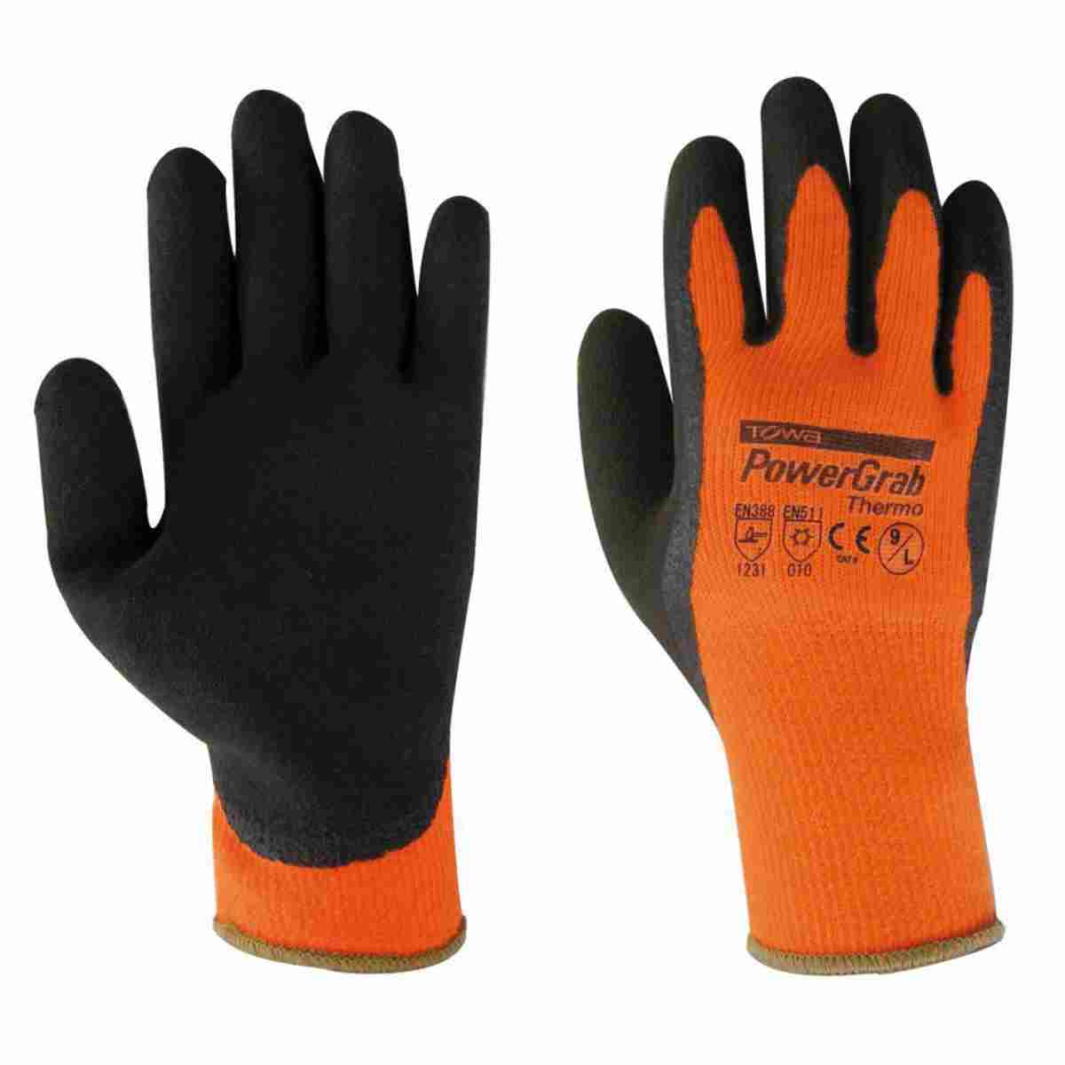 Zwei leuchtorangene Towa PowerGrab Thermo Winterhandschuhe in Größe 9, von der schwarzen Handfläche und vom Handrücken gezeigt.
