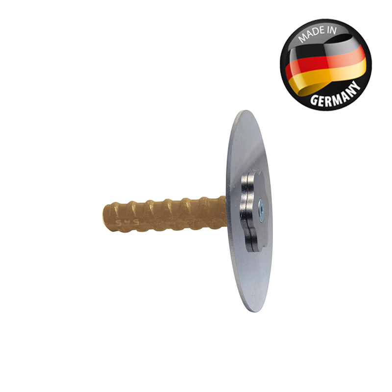 Fixpunkt RSFP-X99-11 mit Edelstahlscheibe, sternförmigem Kopf und gelbem DW15-Gewindeschaft.