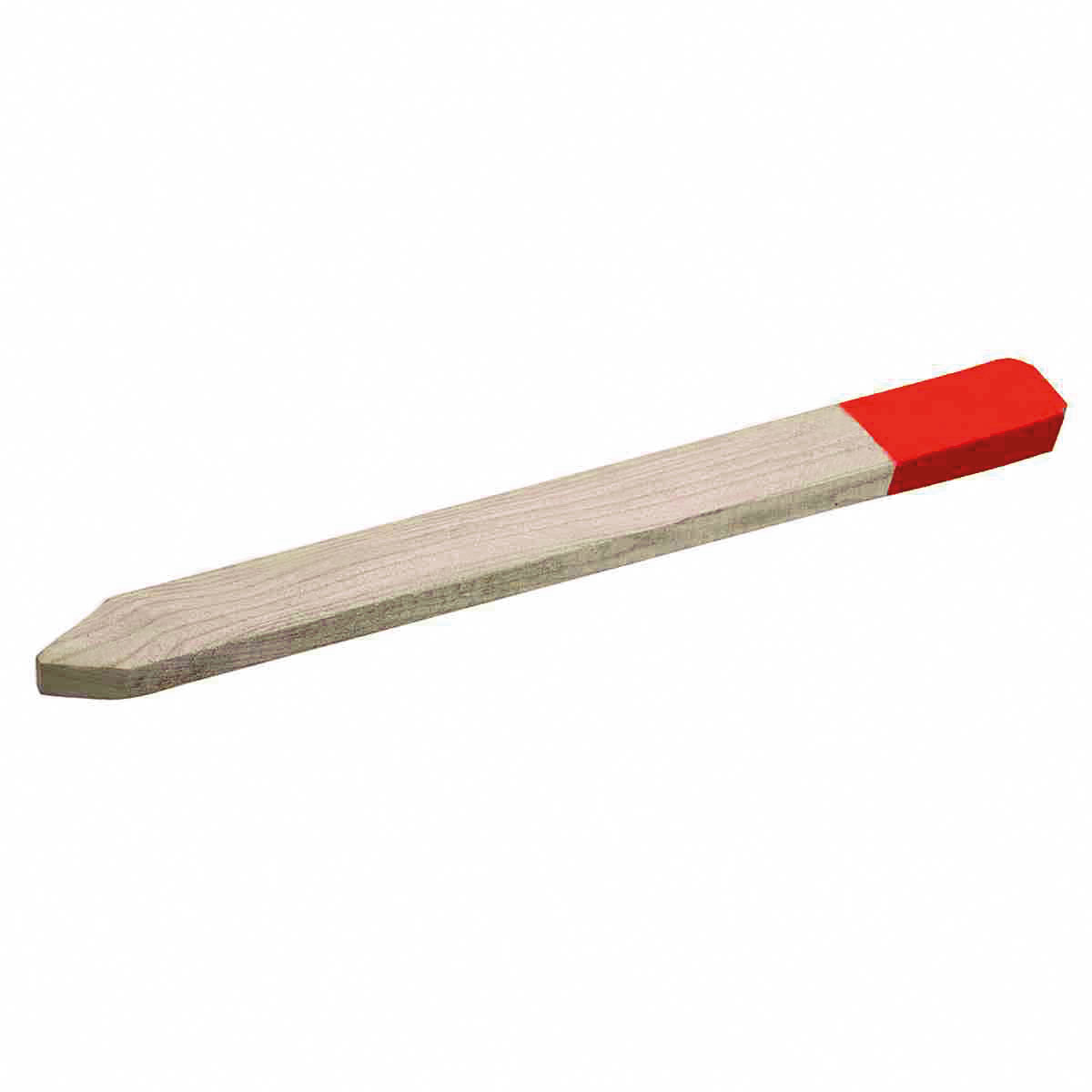 Zweiseitig gespitzter Vermessungspflock aus Hartholz 40 x 15 x 450 mm mit rot lackiertem Kopfteil.