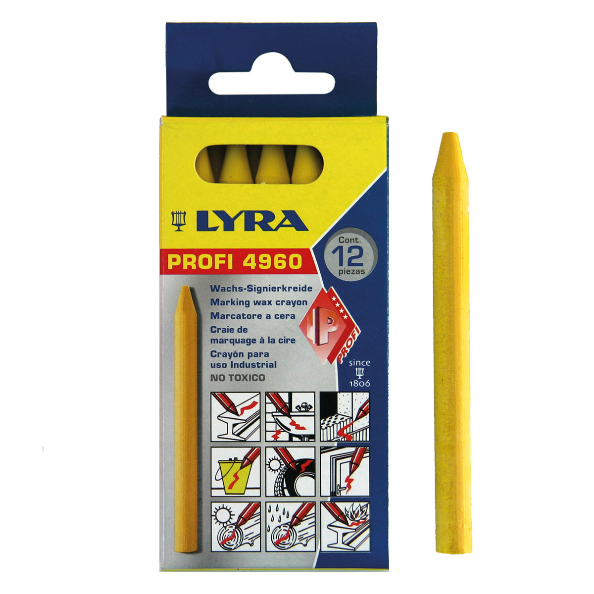 Lyra Profi 4960 Wachs-Signierkreide gelb Ø 8,5 mm in der 12er-Packung, daneben eine einzelne Kreide.