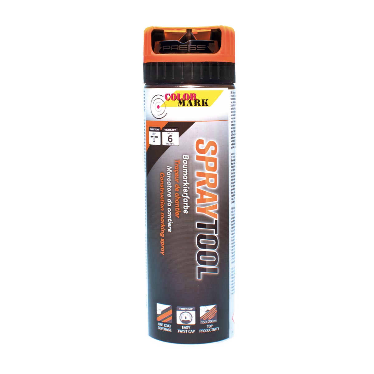 Colormark Spraytool Baumarkierfarbe 500 ml mit leuchtorangem Twist-Cap und Sicherheitskappe.