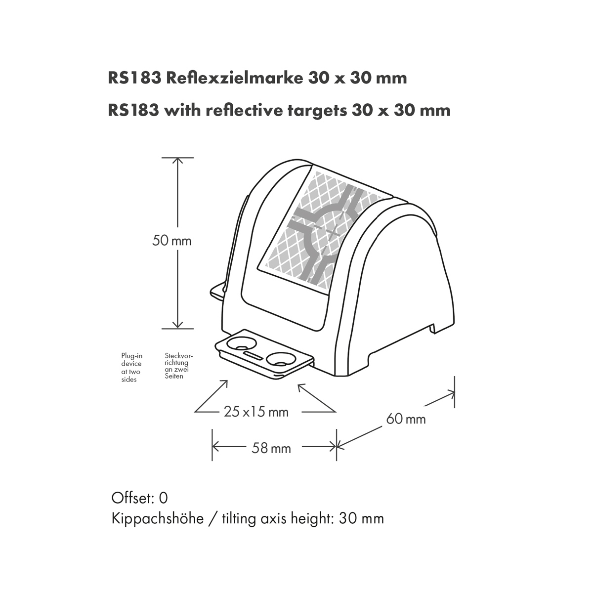 Maßzeichnung der grauen Reflexzielmarke RS183: 58 x 60 x 50 mm mit Zielmarke 30 x 30 mm und Offset 0.
