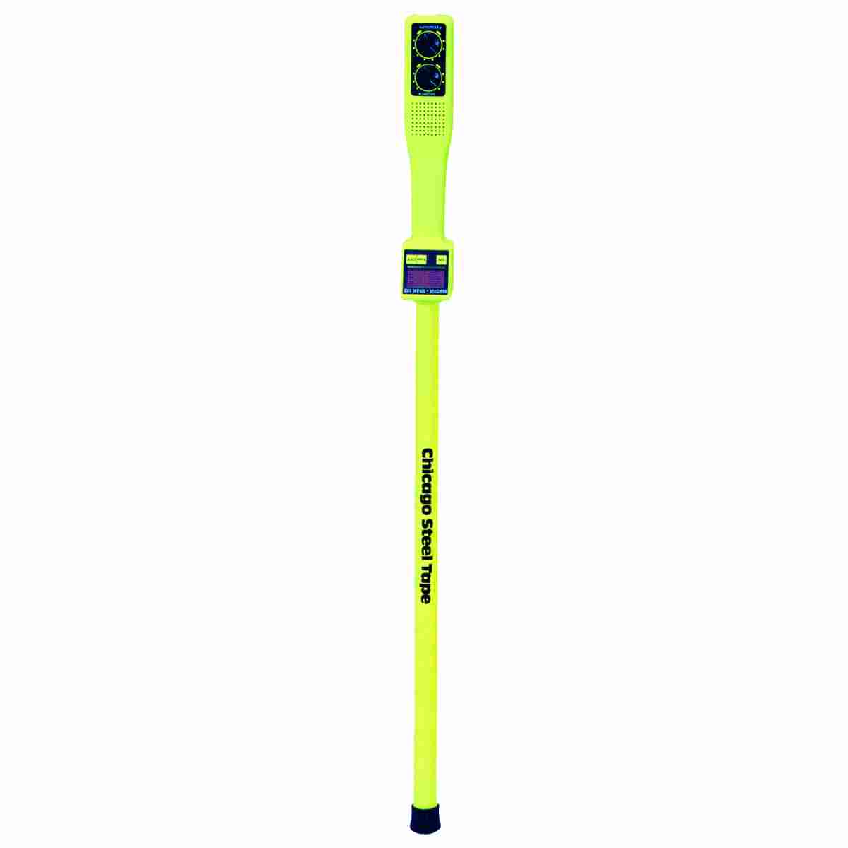 Neongelbes MagnaTrak 102 von Chicago Steel Tape mit Erase-Funktion, Drehreglern und langem Sondenstab.