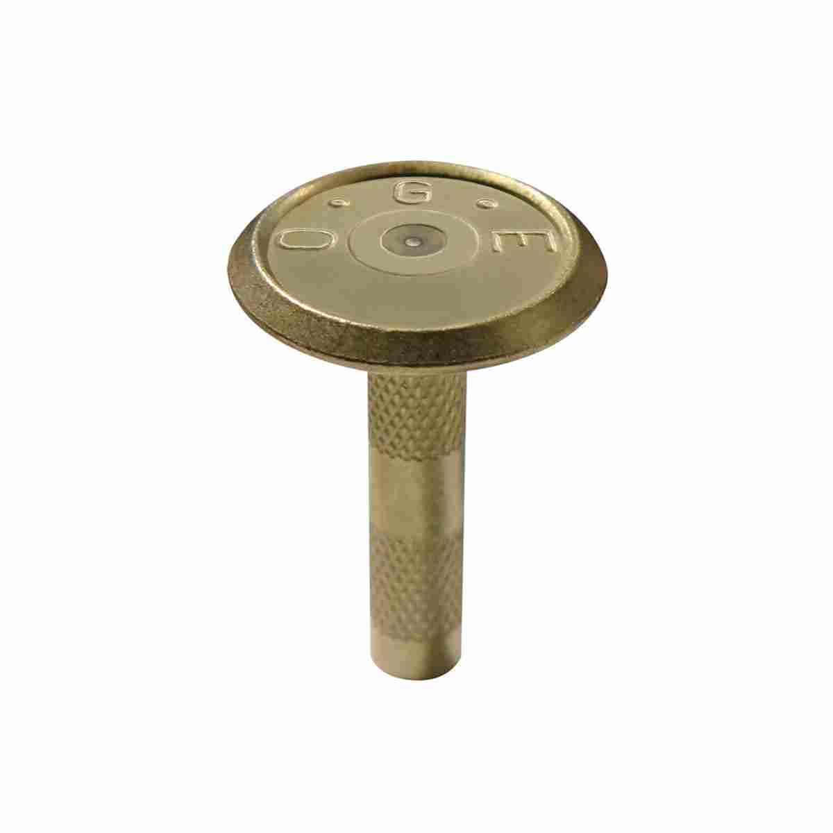 Messingbolzen 43 mm mit gerändeltem Schaft und eingeprägter Aufschrift O G E auf dem Kopf.