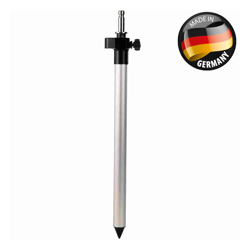 Nestle MIDI-Prismenstab aus Aluminium mit Leica-Zapfen, Klemme und Spitze, daneben Siegel Made in Germany.