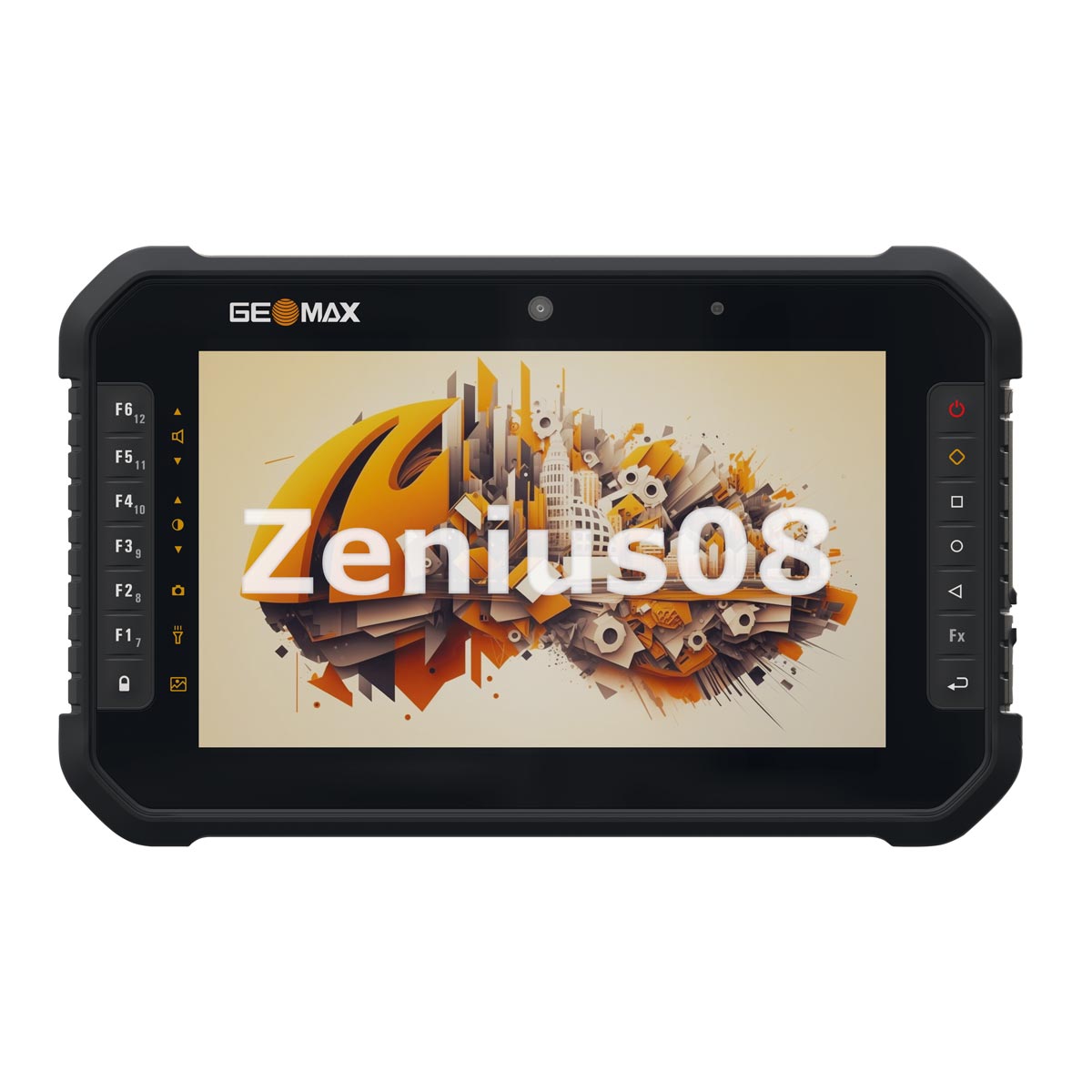 GeoMax Rugged Tablet Zenius08 mit 8-Zoll-Touchscreen und seitlichen Funktionstasten.