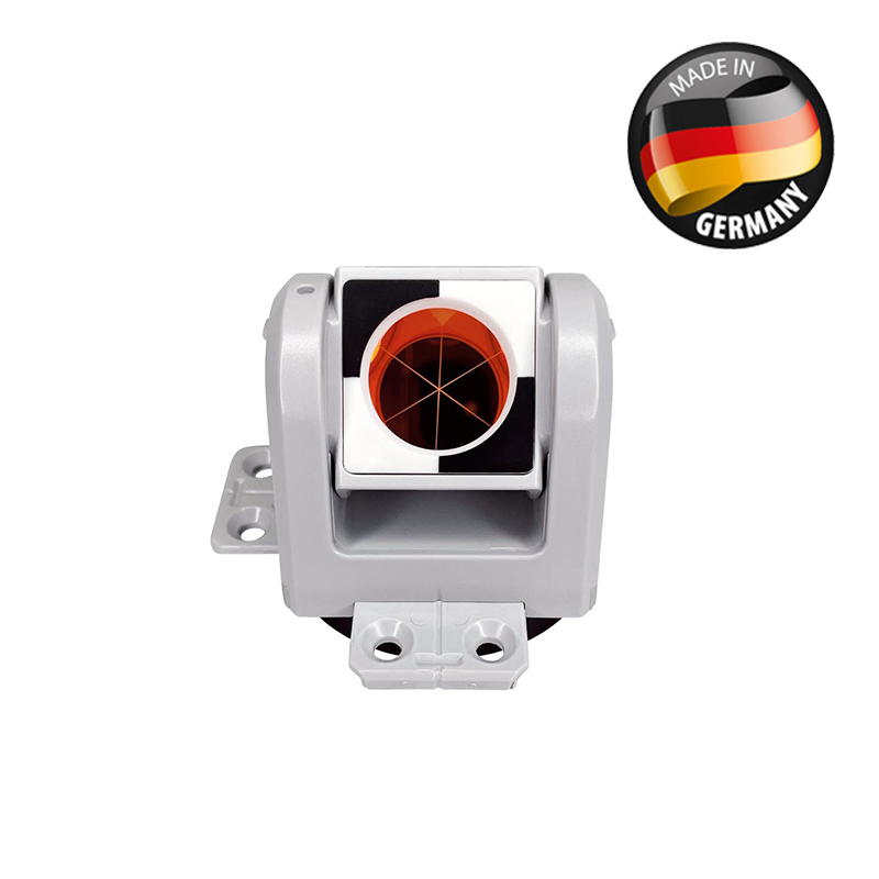 Graues Gleismonitoring-Prisma RSMP380 von Rothbucher Systeme mit Miniprisma und Befestigungslaschen.