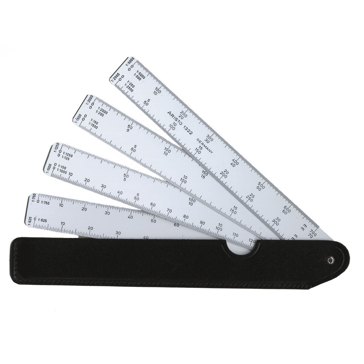 Aristo Fächermaßstab 1322 mit 4 weißen Fächern in schwarzer Hülle, Maßstäbe 1:625 bis 1:5000.