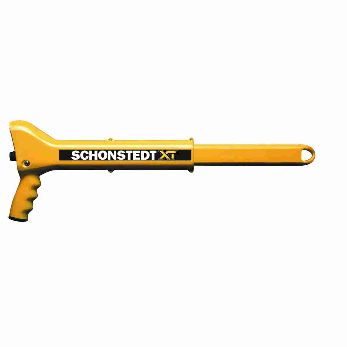 Gelbes Schonstedt XT Magnetsuchgerät GA-92XTd mit langem Sondenstab, Pistolengriff und Öse.