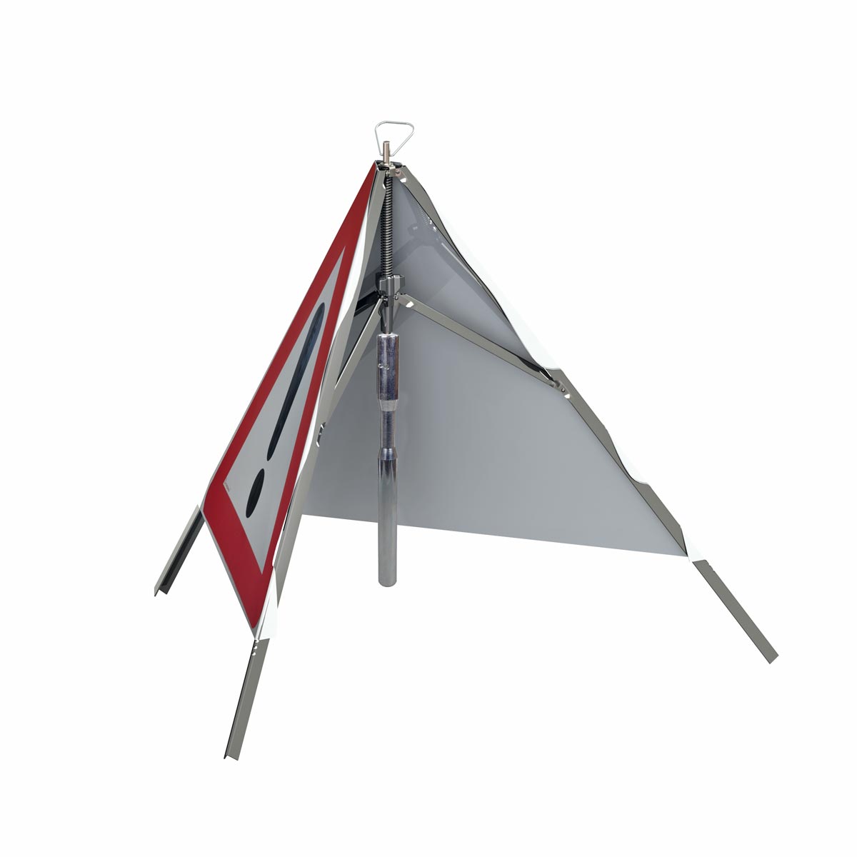 Aufgestelltes Triopan-Faltsignal von hinten mit verzinktem Zentralgewicht 1,5 kg an der Mittelsäule.