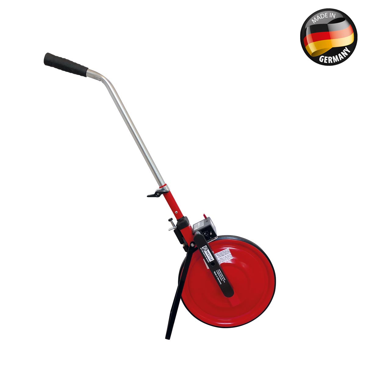 Nestle Messrad MR-51 mit rotem Vollrad, Zählwerk und gebogenem Schiebebügel, Made in Germany.