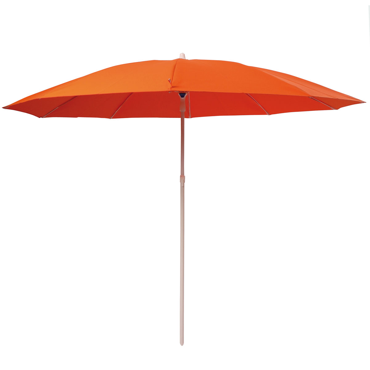 Oranger Feldschirm 200 cm aus Polyester mit acht Streben und weißer Teleskopstange.