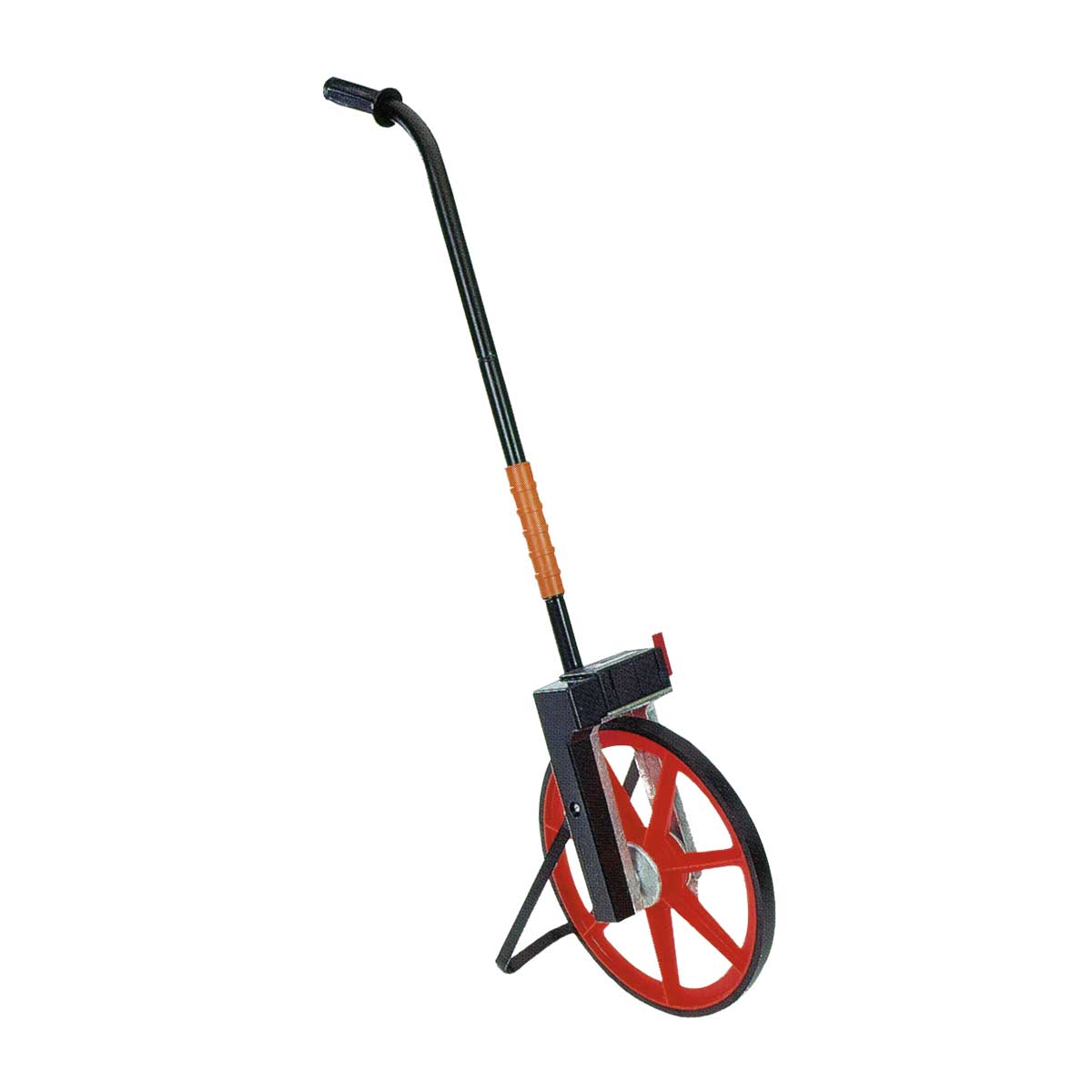 Rolltacho M10 mit rotem Speichenrad, schwarzem Zählwerkgehäuse und Klappständer, eichfähig.