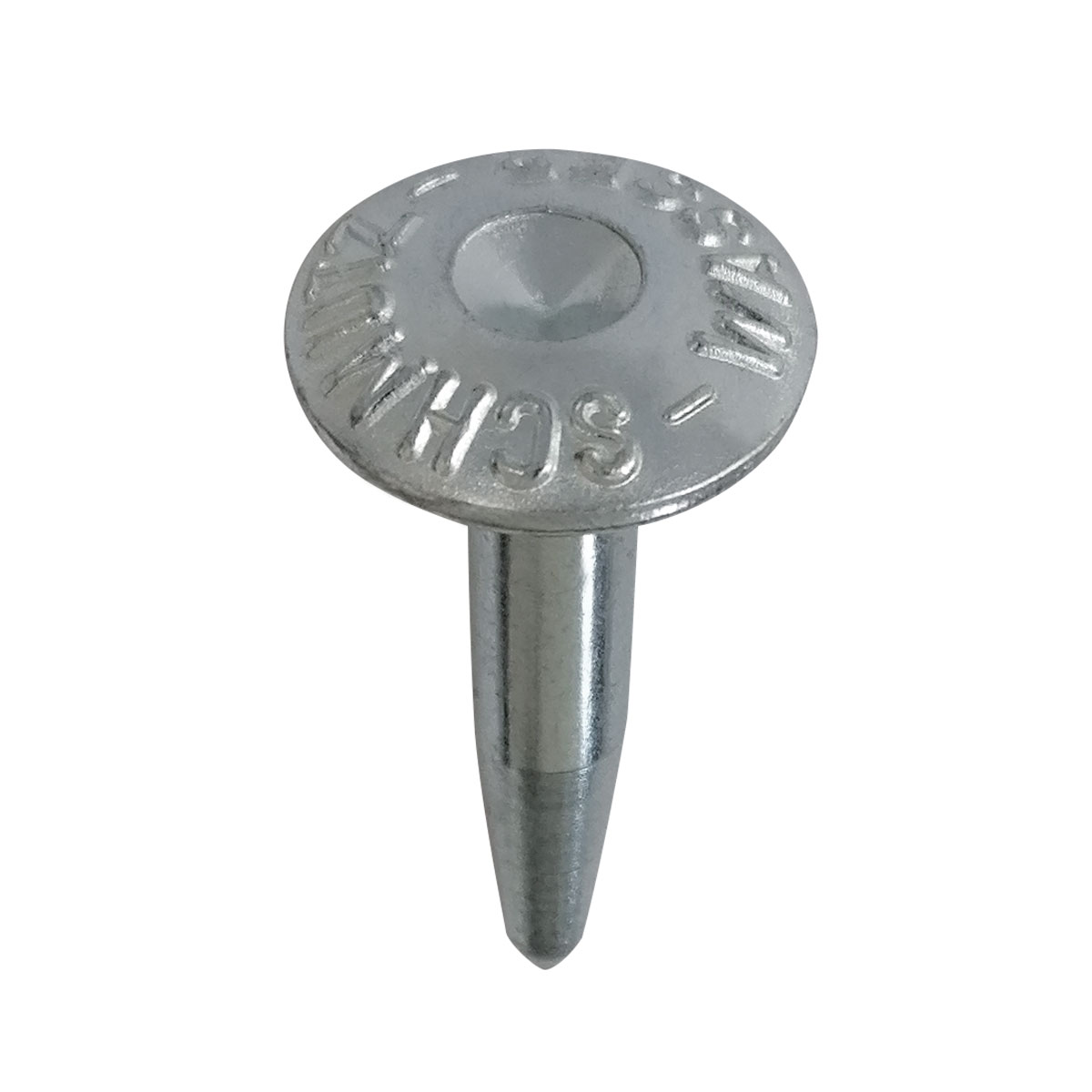 Verzinkter Superkopfbolzen 55 mm mit eingeprägter Aufschrift Schmutzwasser und zentraler Körnung im Kopf.