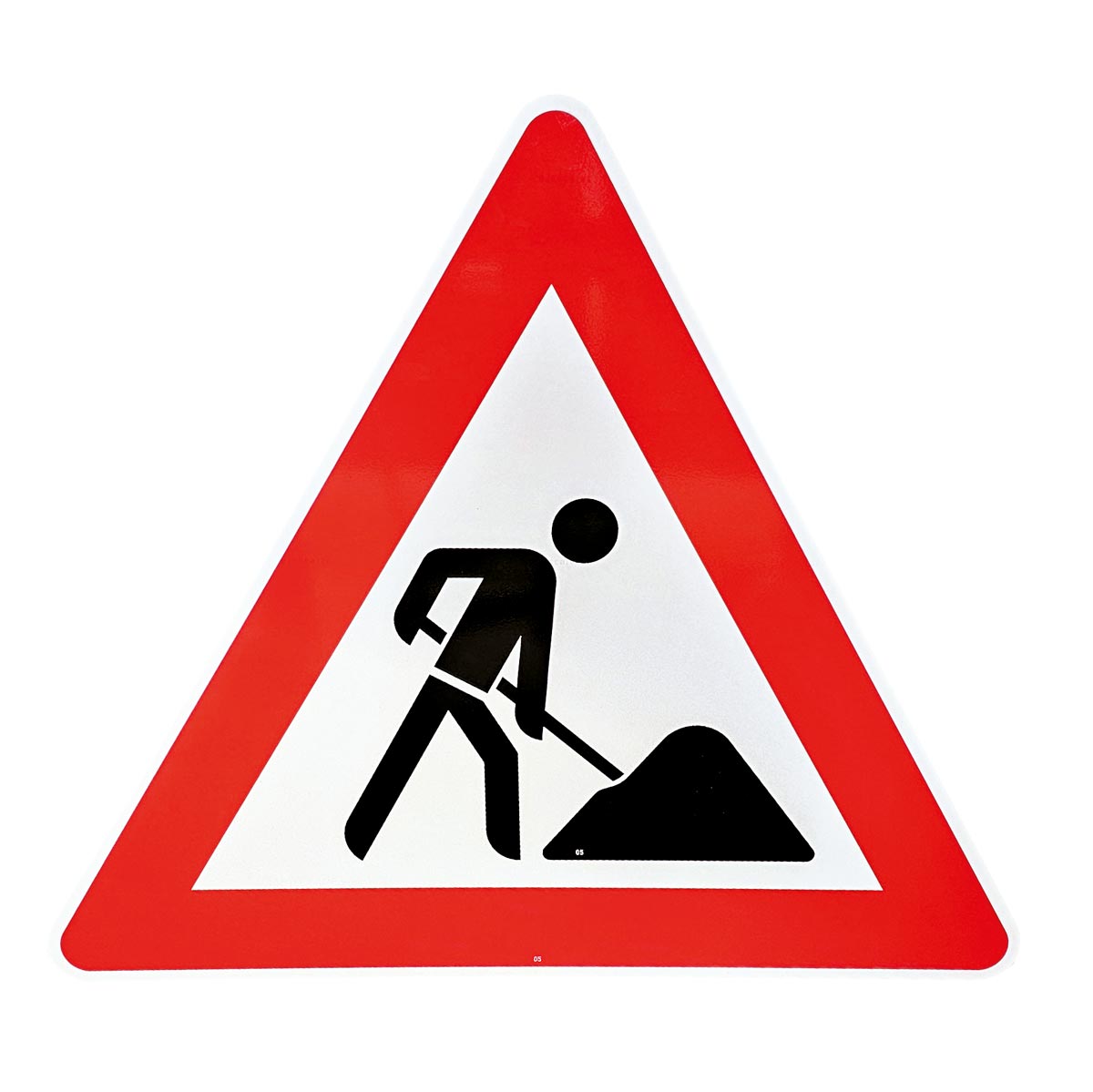 Verkehrszeichen 123 Baustelle mit Arbeiter und Schaufel im roten Warndreieck.