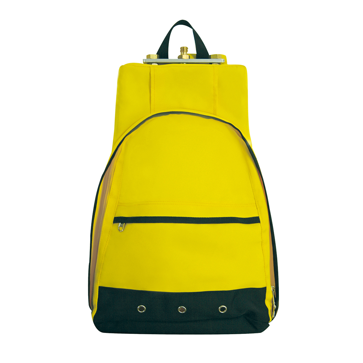 Gelb-schwarzer GPS-Rucksack aus Nylon mit Fronttasche und 5/8-Zoll-Gewinde oben.