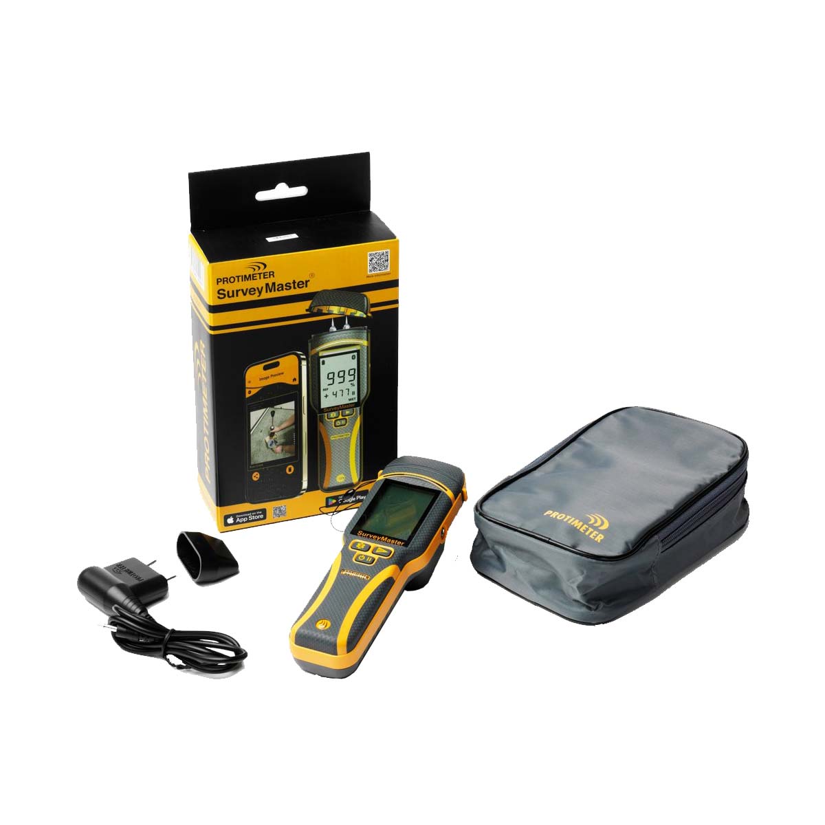 Lieferumfang des Protimeter Surveymaster Feuchtemessgeräts inklusive Transporttasche und Messköpfen zur Baudiagnostik.
