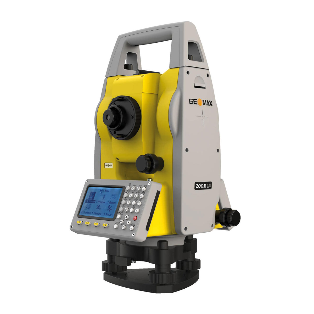 Gelb-graue GeoMax Totalstation Zoom10 mit Display, Tastatur und Dreifuß.