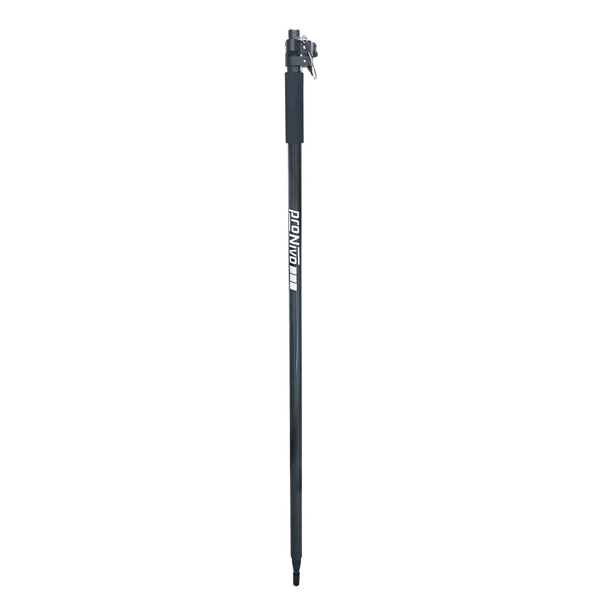 Schwarzer proNIVO Vollcarbonstab mit Schaumstoffgriff und Klemme für GPS und Prisma.