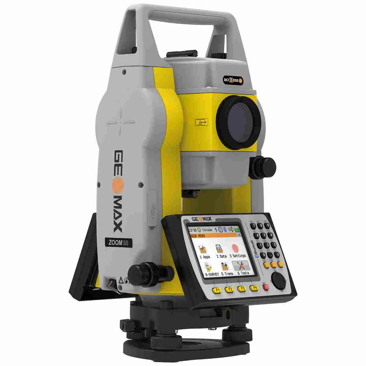 GeoMax Totalstation Zoom50 accXess in Gelb-Grau mit Fernrohr und Display, Schrägansicht.
