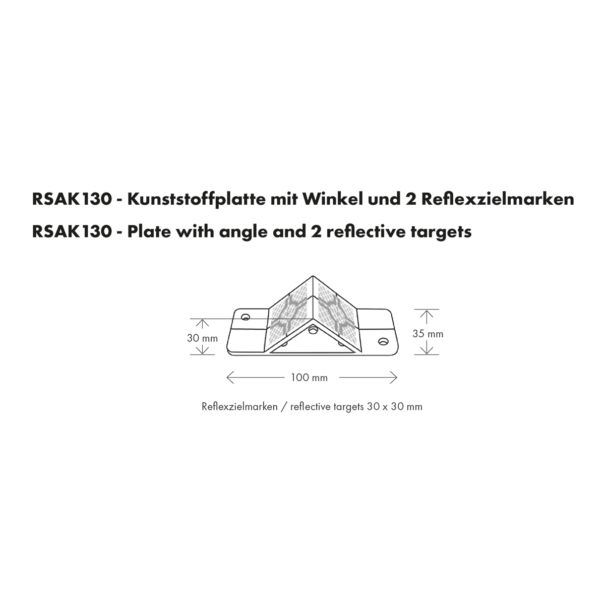 Technische Skizze der Trägerplatte RSAK130 mit Bemaßung des Winkels und der Platzierung der Zielmarken.
